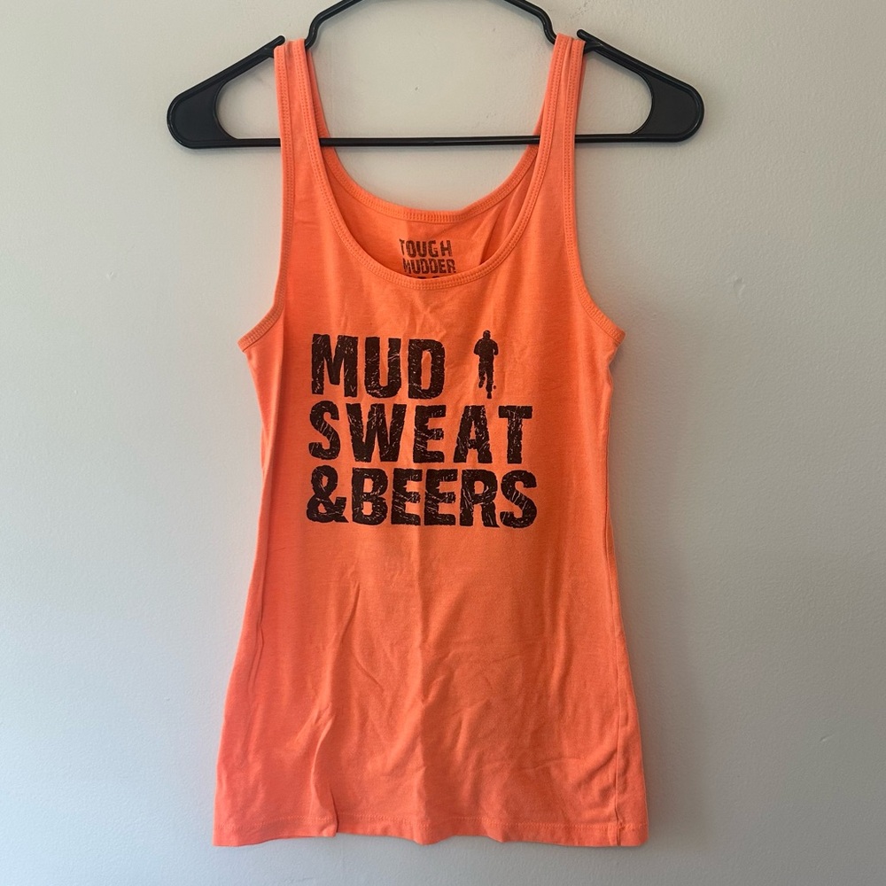 Tough Mudder “Mud, Sweat, and Beers” Orange Tank Top with Black Text Medium